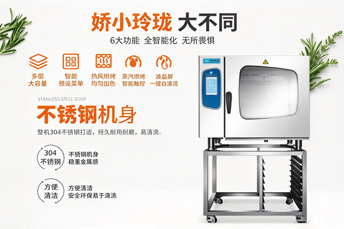 小型商用蒸烤箱,304不锈钢机身,多功能智能操控