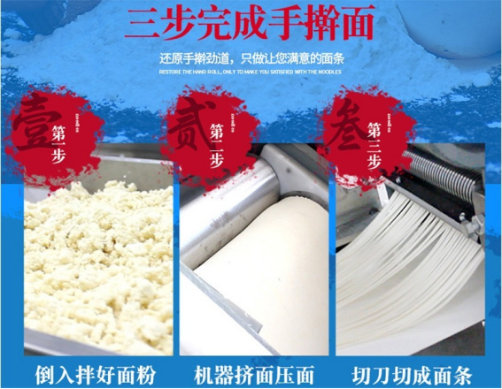 ▲ 三步出面:倒入拌好的面粉 → 机器挂压出面 → 切刀切面成条png ▲ 三步出面:倒入拌好的面粉 → 机器挂压出面 → 切刀切面成条png