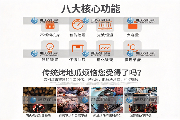烤地瓜机八大核心功能:不锈钢机身、智能控温、光波恒温、大容量等